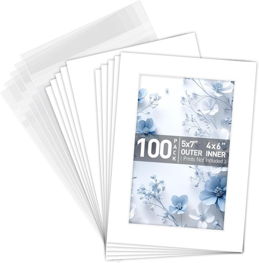 100 Pack of 5x7 White Picture Mats for 4x6 Photos and Backing