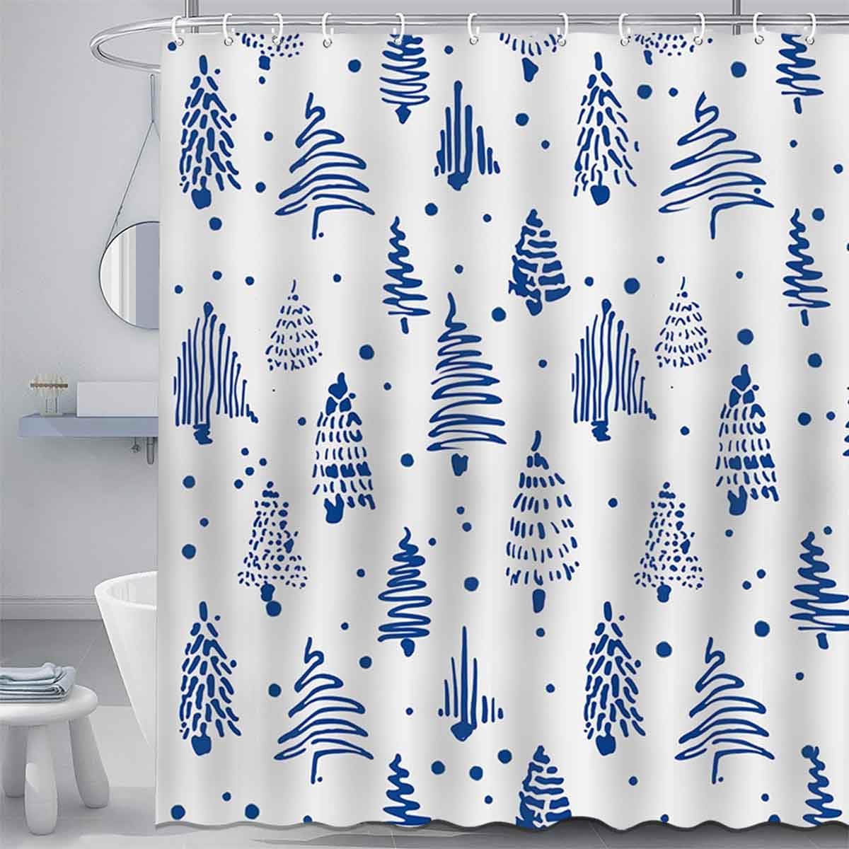 Merry Christmas Shower Curtain Set - Festive Blue Xmas Decor