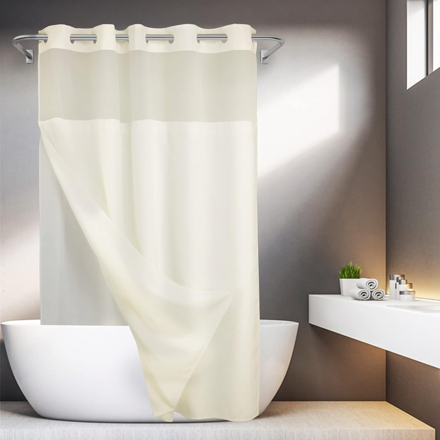 Spa Luxury: Dotted Waffle Weave Shower Curtain - Hotel Grade, Snap Liner.