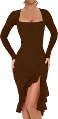Women's Sexy Ruched Mesh Midi Dress - Ruffle Hem Cocktail