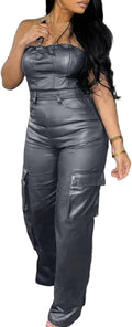 Womens PU Leather Jumpsuit Sexy Off the Shoulder Tight Waist Cargo