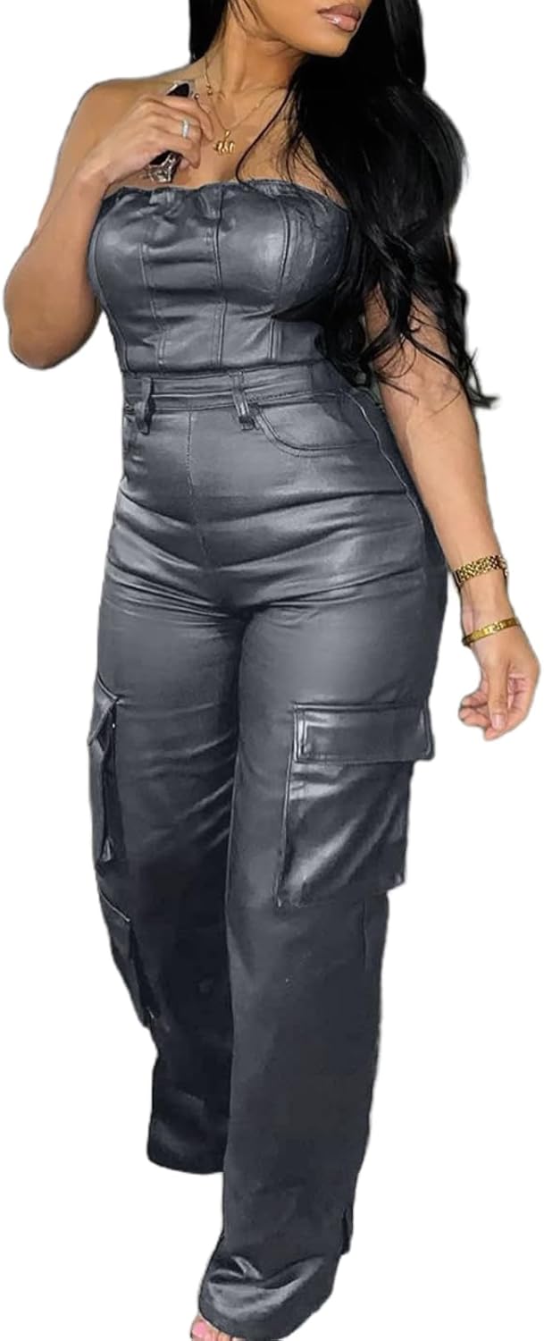 Womens PU Leather Jumpsuit Sexy Off the Shoulder Bodysuit