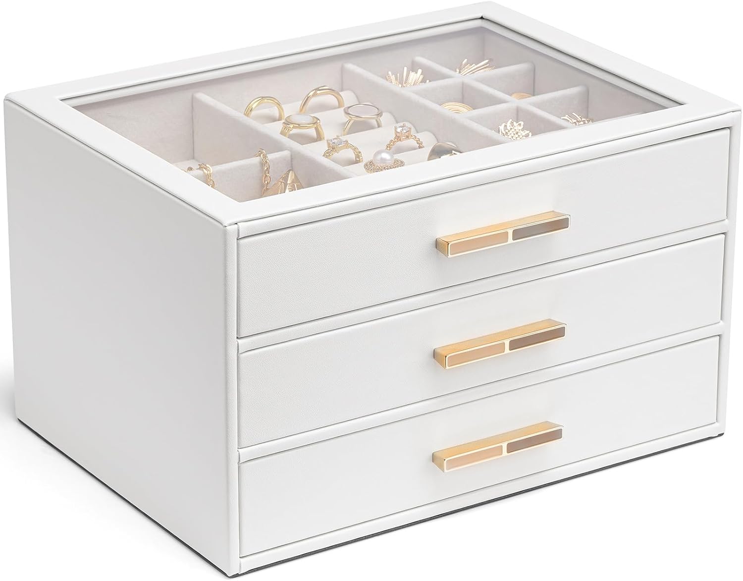 Vlando Jewelry Box with Glass Lid and 3 Drawers for Organizing