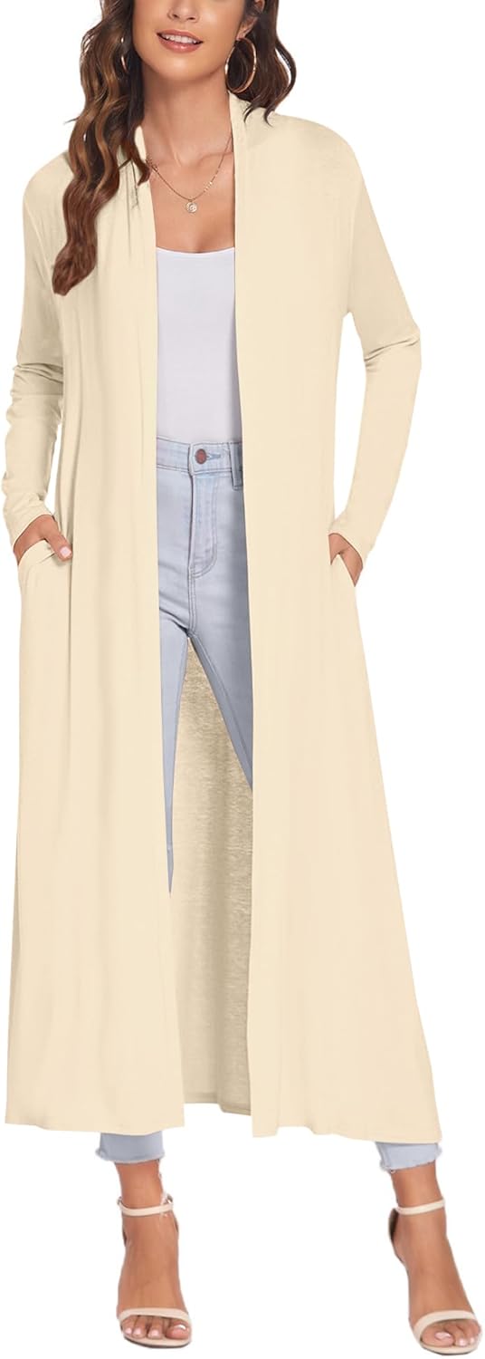 Bluetime Women Floor Length Open Front Cardigan with Pockets