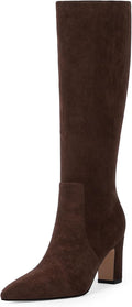 Knee High Boots for Women Pointed Toe 3.15in Chunky Heel Brown