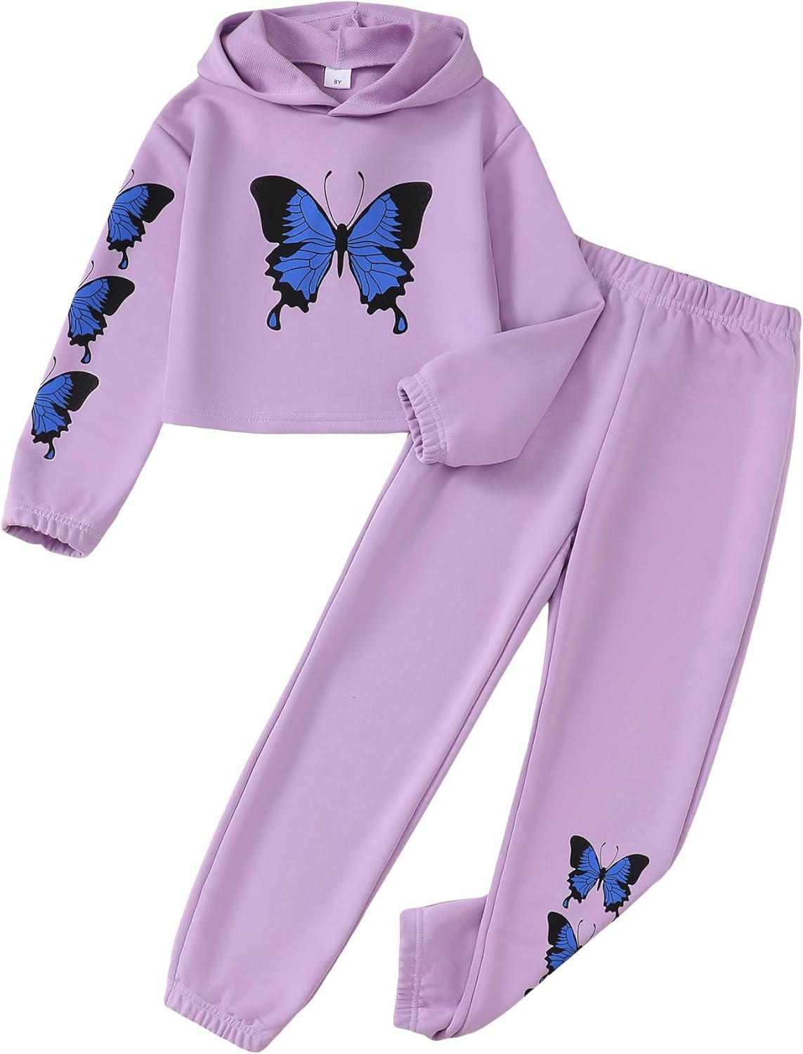 Girls' Clothing Set with Butterfly Print Crop Top and Sweatpants