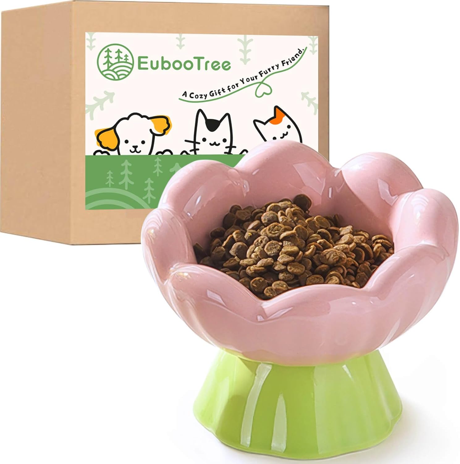 Pink Raised Ceramic Cat Bowl | Anti-Vomiting & Non-Slip | EubooTree