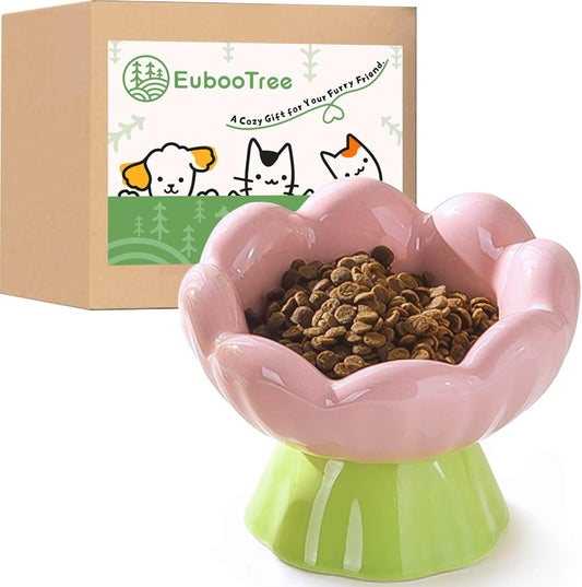 Pink Raised Ceramic Cat Bowl | Anti-Vomiting & Non-Slip | EubooTree