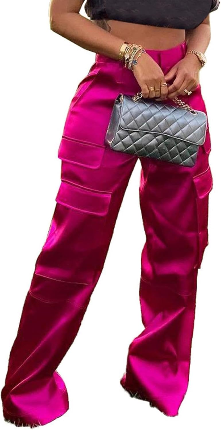 High Waisted Satin Cargo Pants for Women - Stylish & Versatile