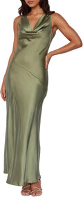 Women's Satin Backless Cowl Neck Maxi Dress - Elegant (Style JJYC)