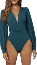GORGLITTER Women's Sexy Ruched Deep V Neck Long Sleeve Bodysuit
