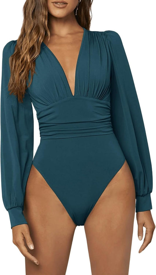 GORGLITTER Women's Sexy Ruched Deep V Neck Long Sleeve Bodysuit