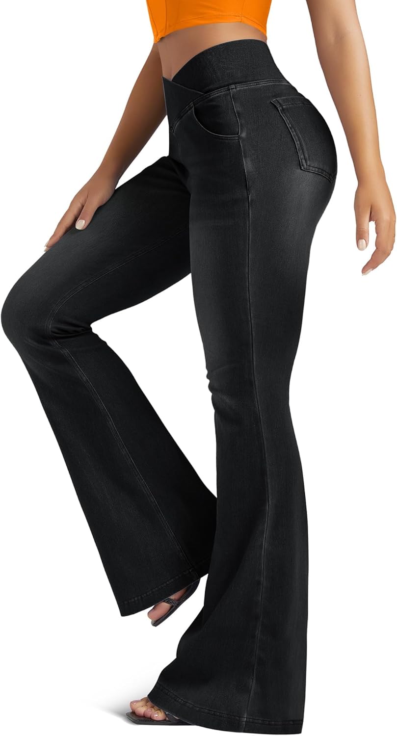 Knit Stretchy Jean Leggings for Women with Crossover Waist Design