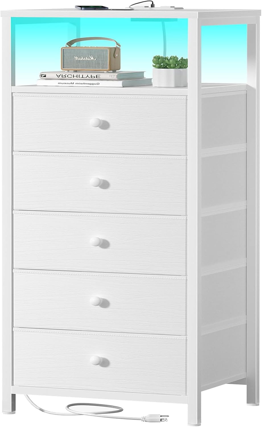 BOLUO White Dresser with 5 Drawers and LED Light Features