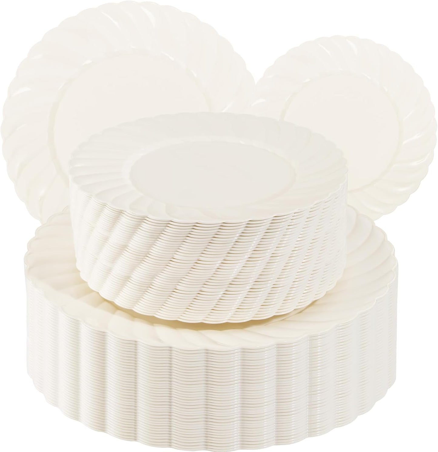 U-QE 100 Piece Ivory Scalloped Plastic Plates for Parties