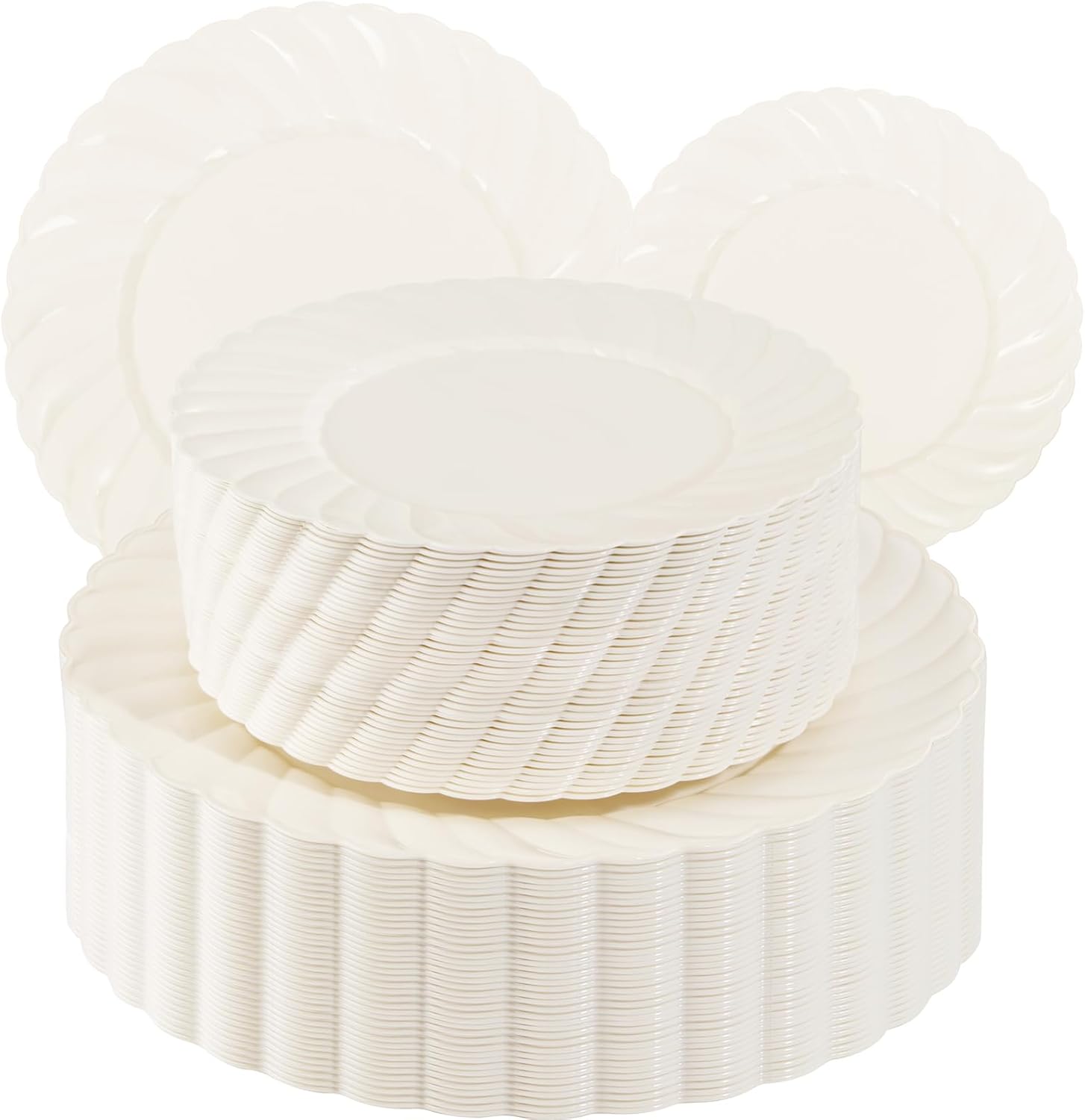 U-QE 100 Piece Ivory Scalloped Plastic Plates for Parties