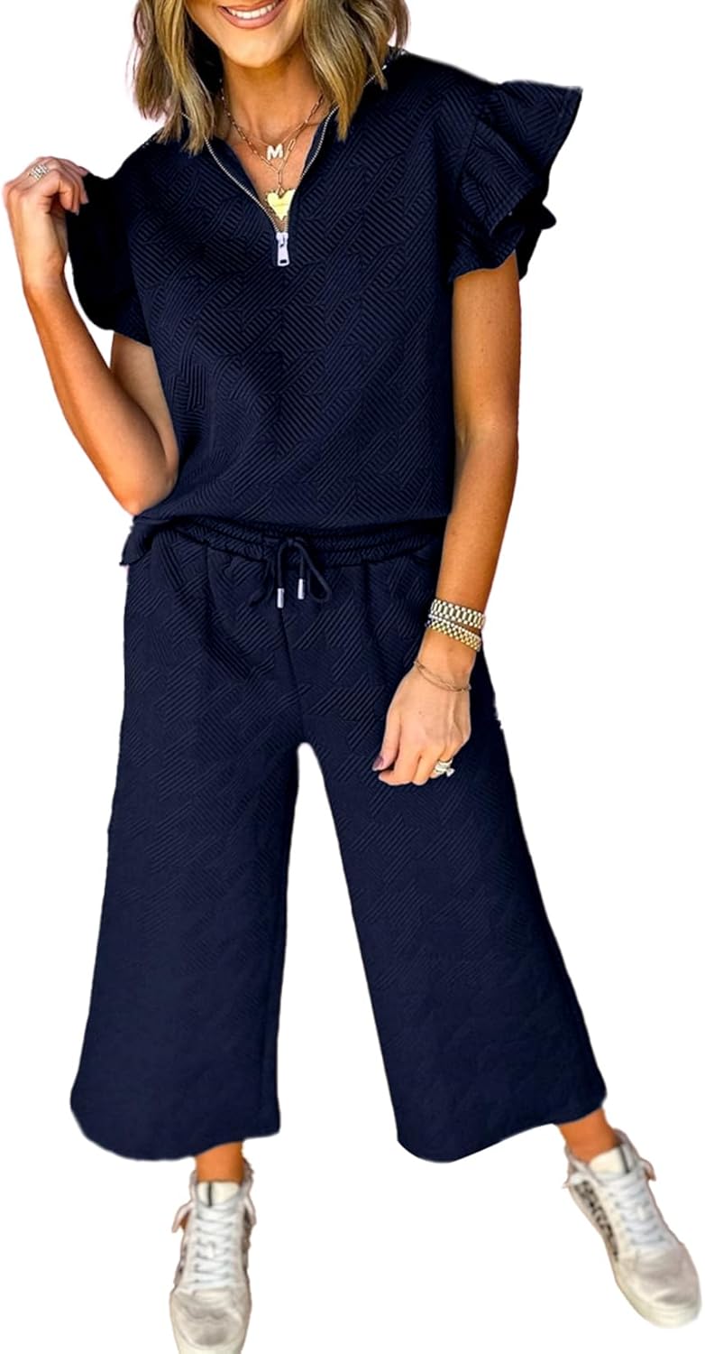 SHEWIN 2 Piece Sets Outfits for Women with Ruffle Polo Tops