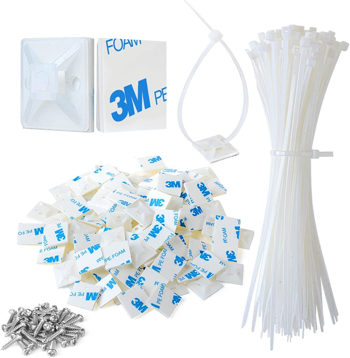 Strong Self-Adhesive Cable Tie Mounts - 100pcs with Ties & Screws