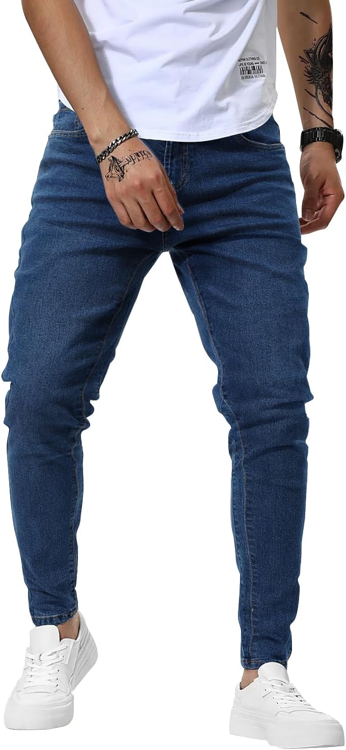 Woenzaia Mens Jeans Slim Fit Skinny Denim Stretch Tapered Pants