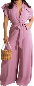 Women's Casual Long Sleeve Round Neck Jumpsuits - Chic Wide Leg Romper