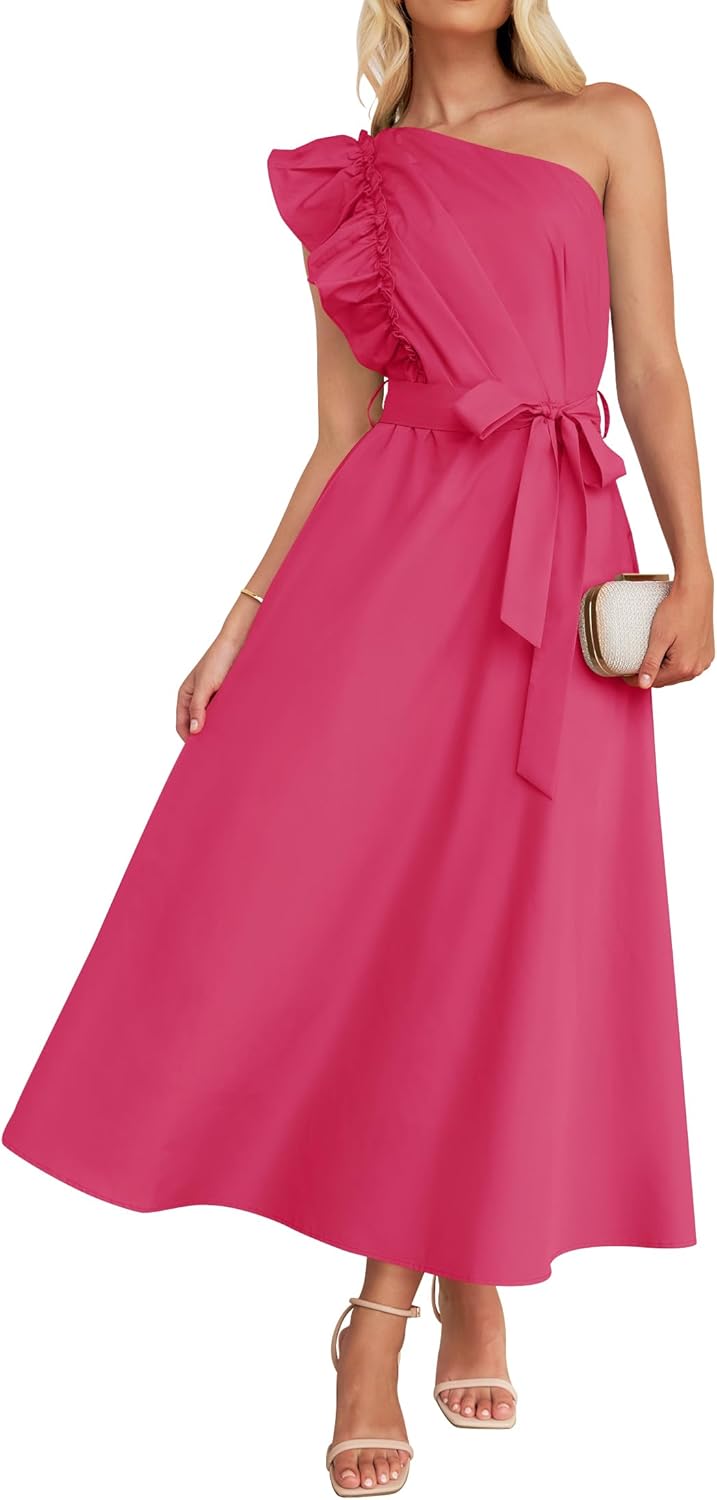 ZESICA Women's One Shoulder Ruffle Maxi Dress for Summer Fun