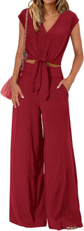 Women's Summer 2 Piece Outfits Cap Sleeve V Neck Set - Flowy Wide Leg