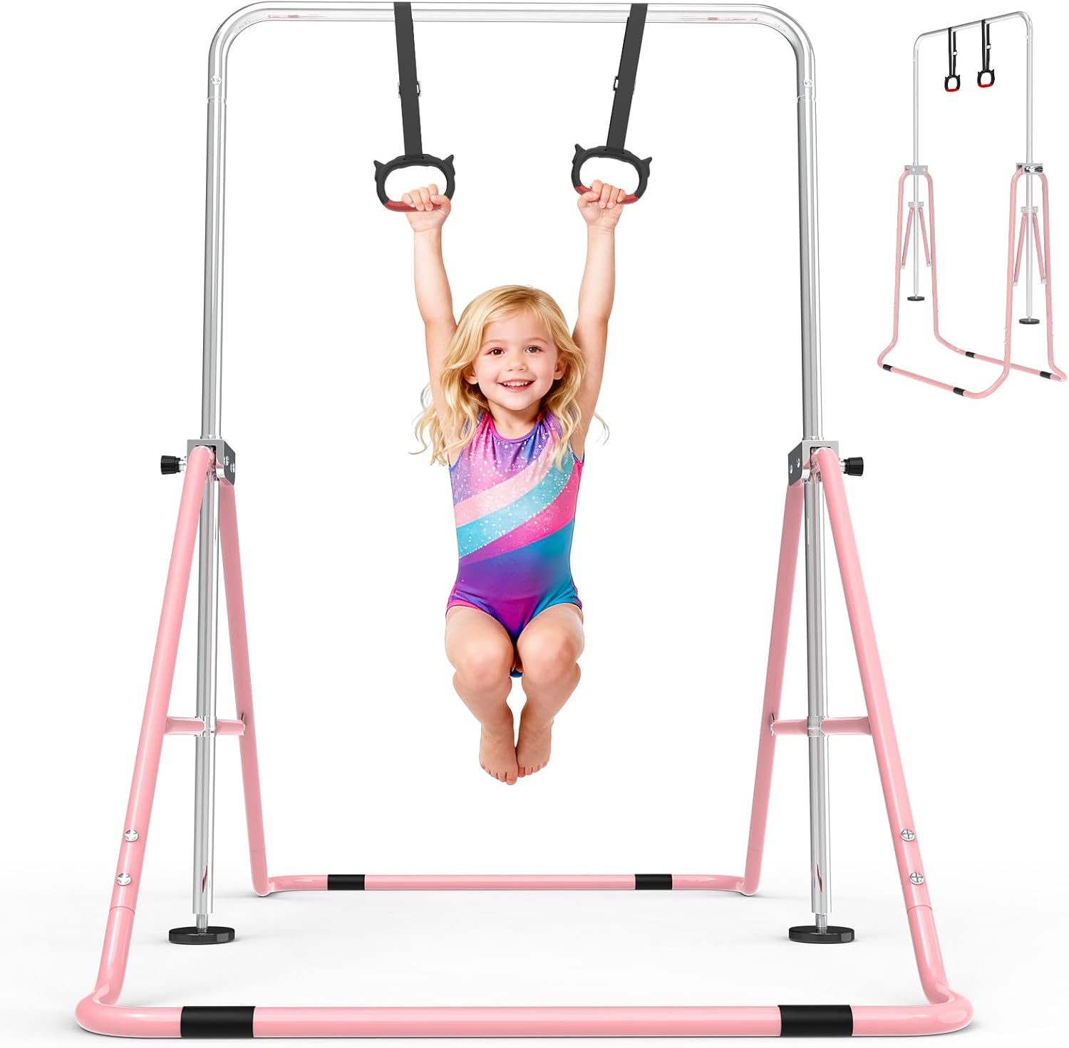 Gymnastics Bar for Kids with Rings - Adjustable & Foldable