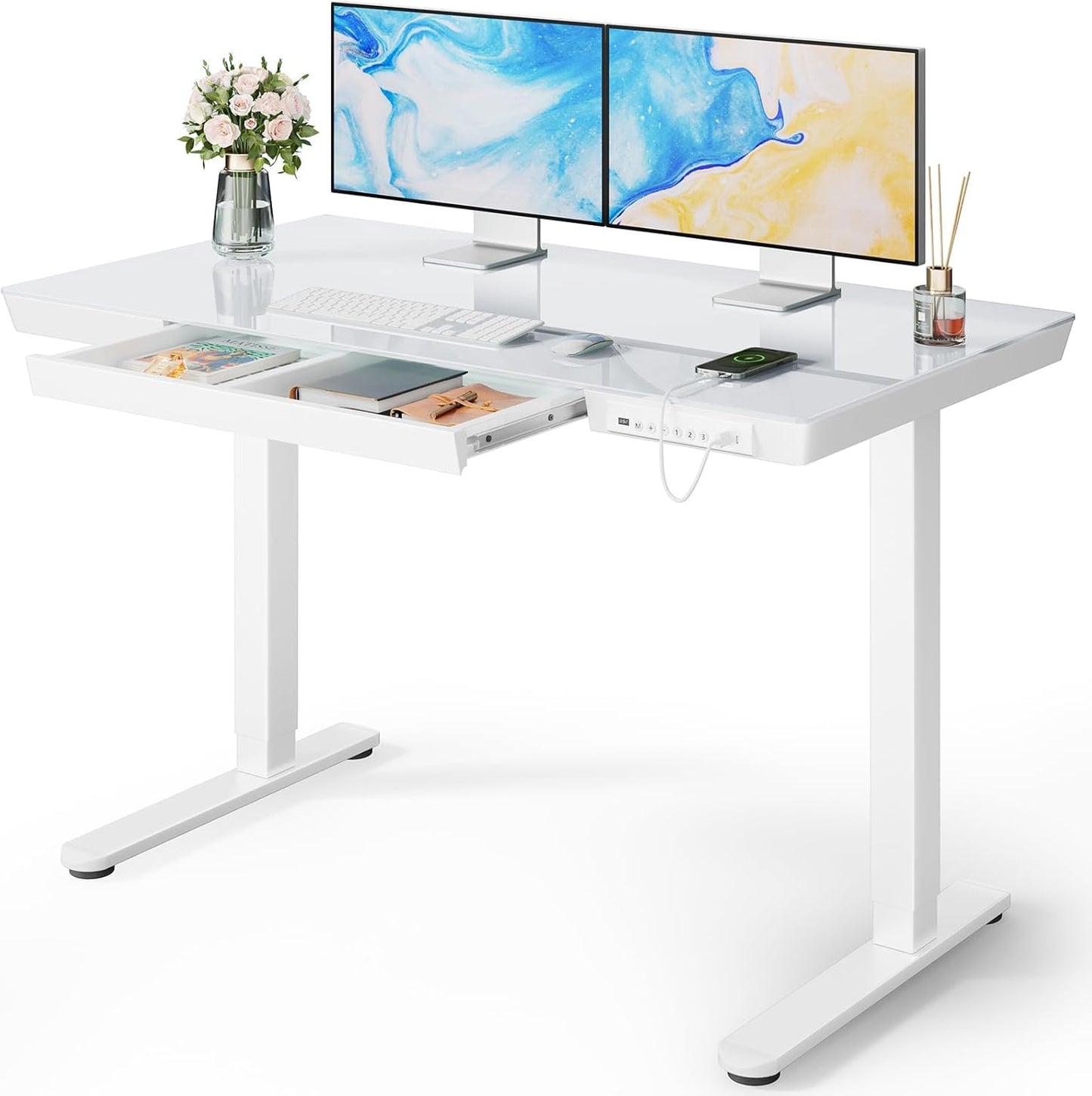 Marsail Glass Standing Desk with Drawer for Home & Office