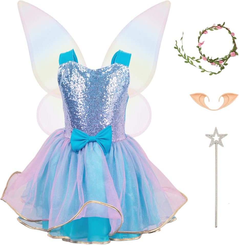 Fairy Costume Dress for Girls 3-10 with Wings and Wand