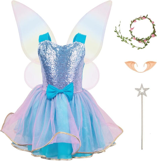 Fairy Costume Dress for Girls 3-10 with Wings and Wand
