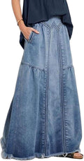 ebossy Women's Long A-Line Distressed Denim Maxi Skirt - Flowy Comfort