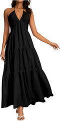 OYOANGLE V Neck Tie Backless Halter Maxi Dress - Flowy Elegant Fit no