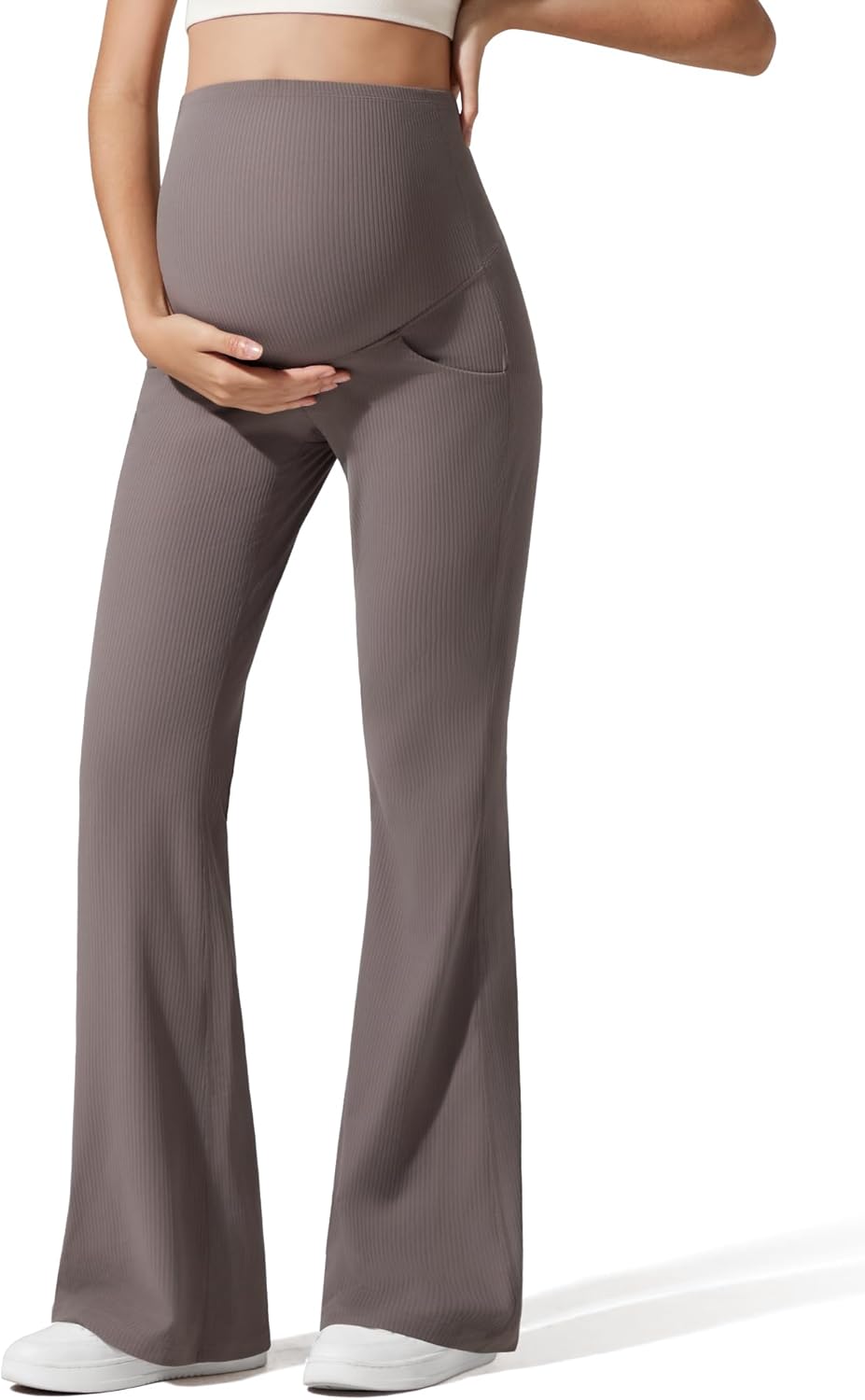 G4Free Ribbed Maternity Flare Yoga Pants with Pockets for Comfort