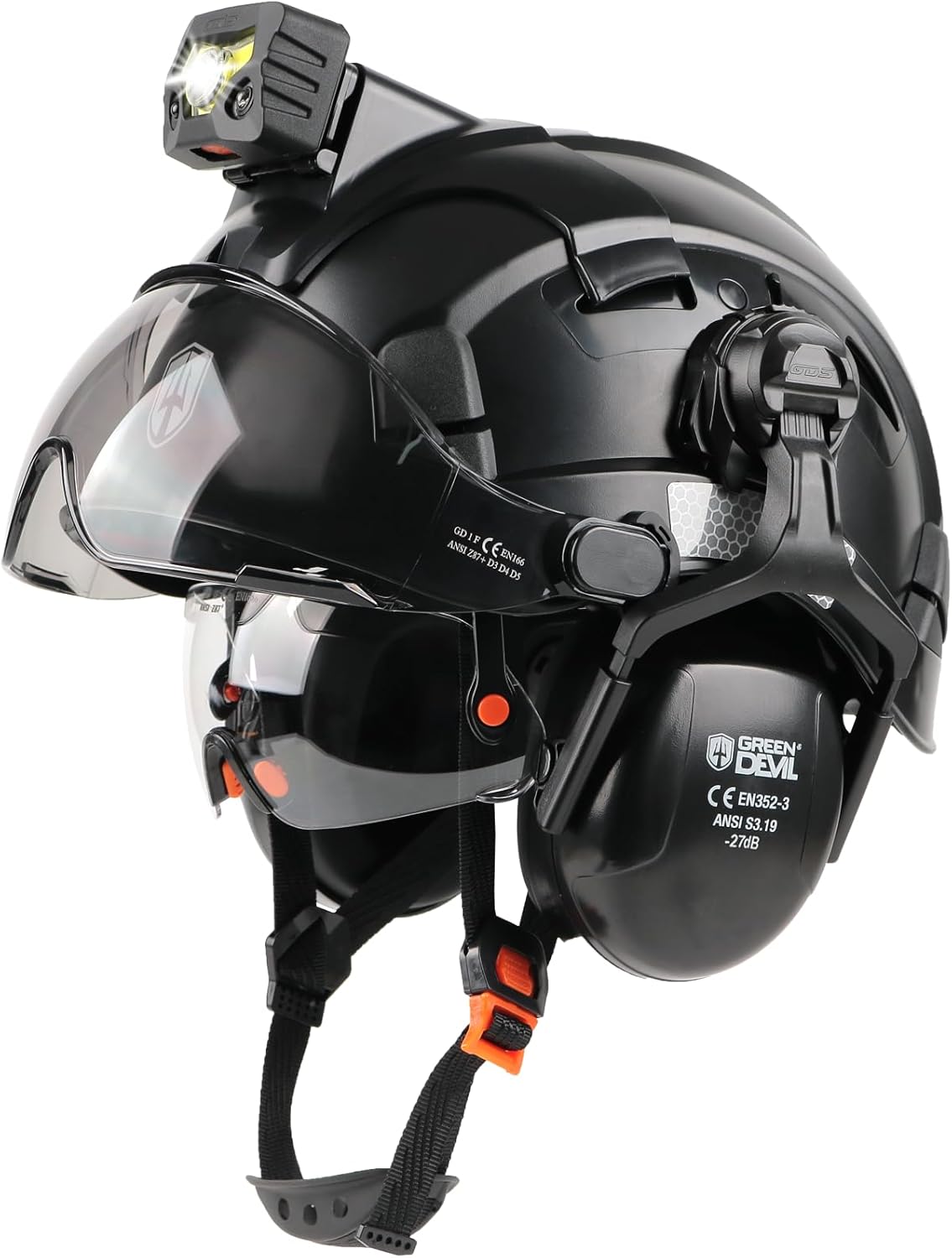 GREEN DEVIL Hard Hat Safety Helmet with Headlamp and Visor