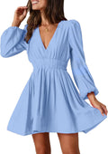 Mini Deep V Sexy Long Sleeve Dress - Flowy A-line Mini Dress knee