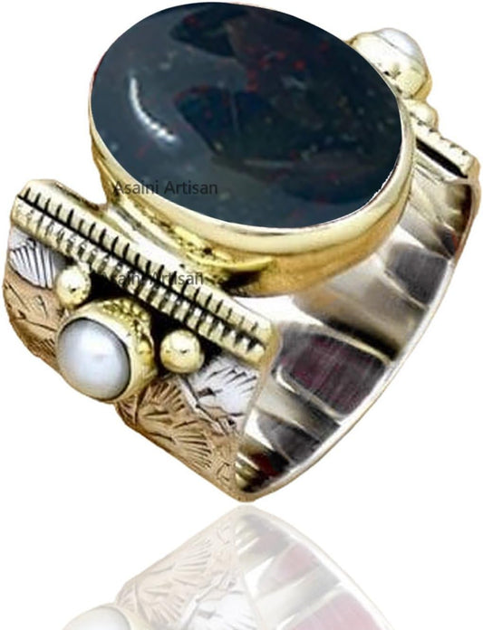 10x14MM Oval Gemstone Sterling Silver Ring with Pearl Accents