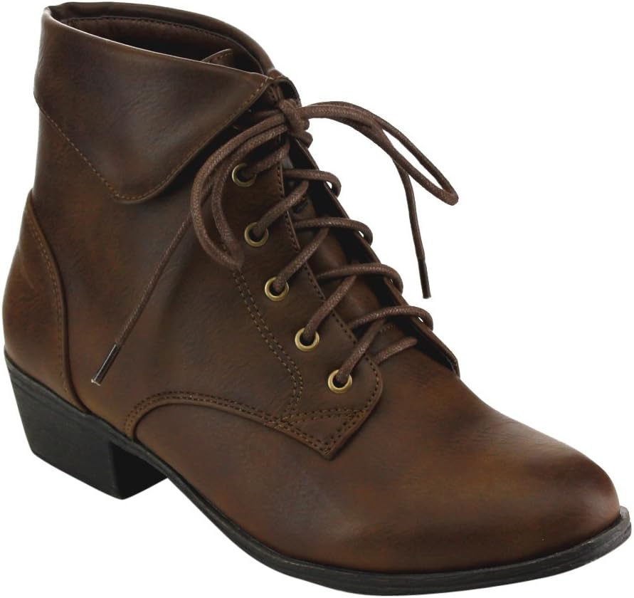 TOP Moda EC89 Women's Foldover Lace Up Low Chunky Heel Booties