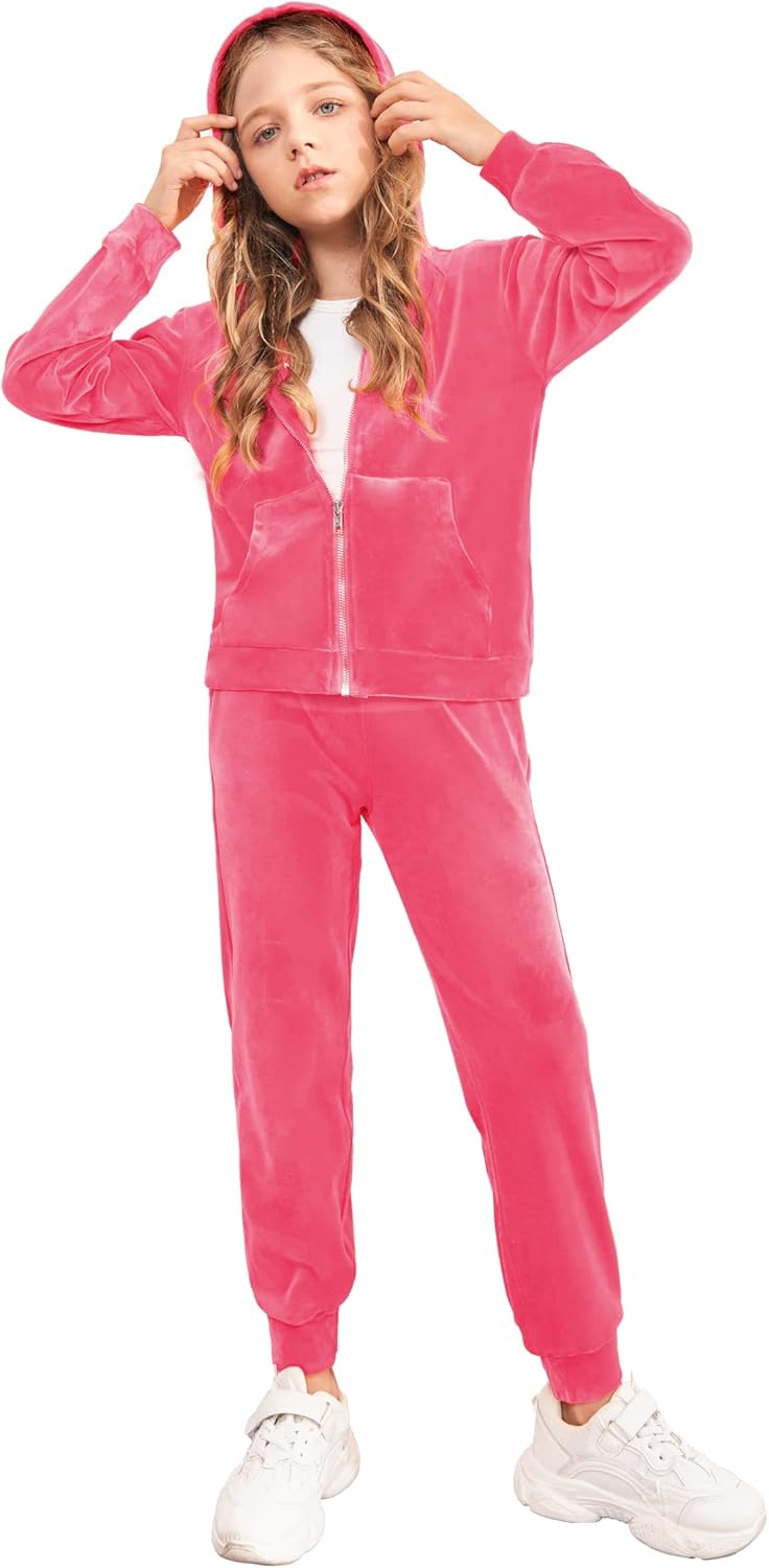 Girls Velour Tracksuit Hoodie and Jogger Set for Activewear