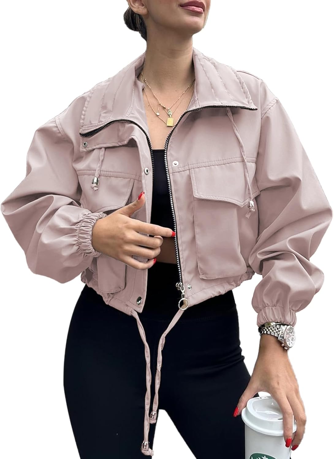 Tankaneo Womens Cropped Jacket Zip Up Lightweight Utility Coat