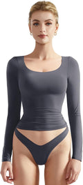 SUUKSESS Women Double Lined Fitted Scoop Neck Long Sleeve Crop Top