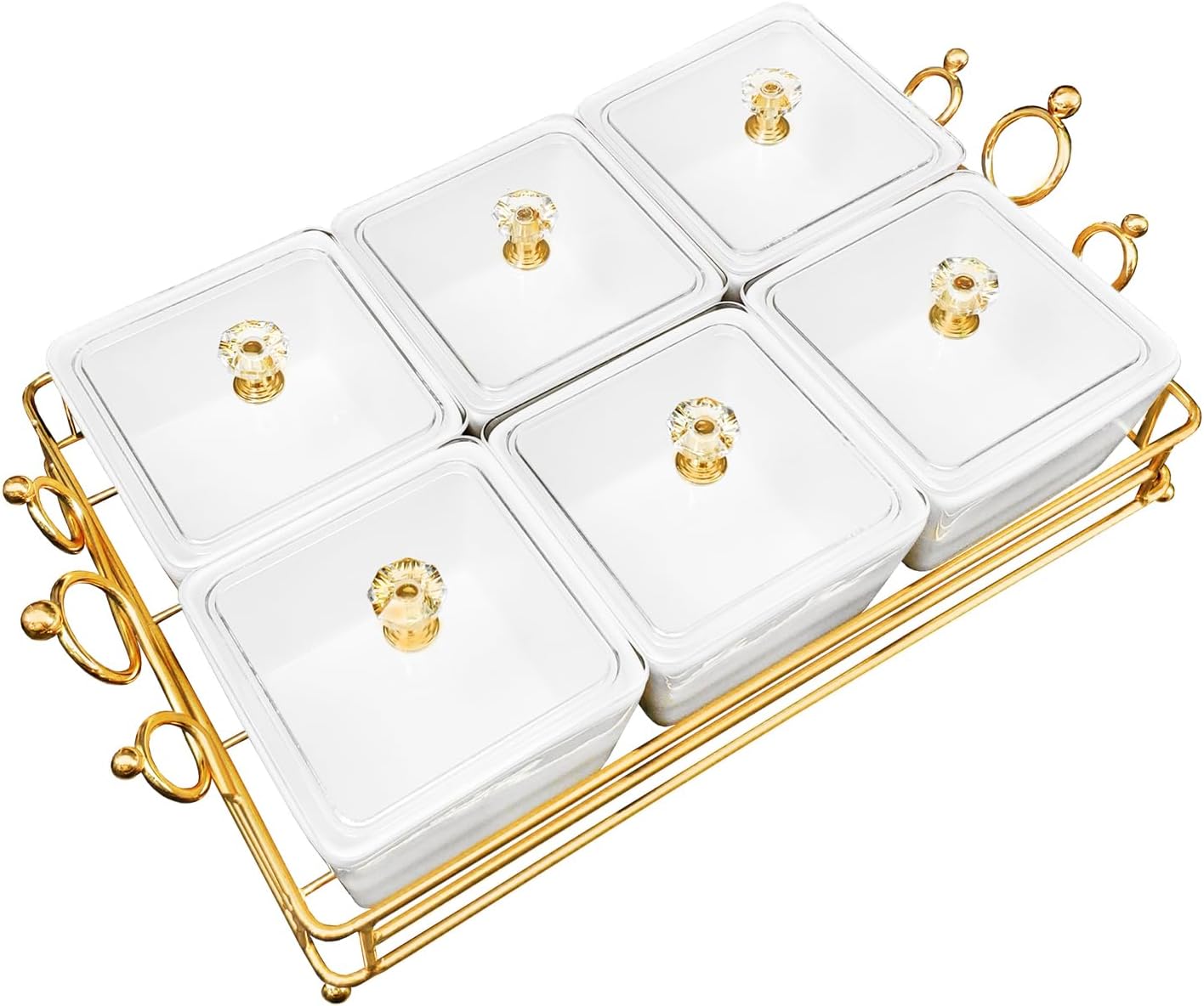 YA JU Ceramic Bowls with Lid Gold Tray Set for Snacks and More