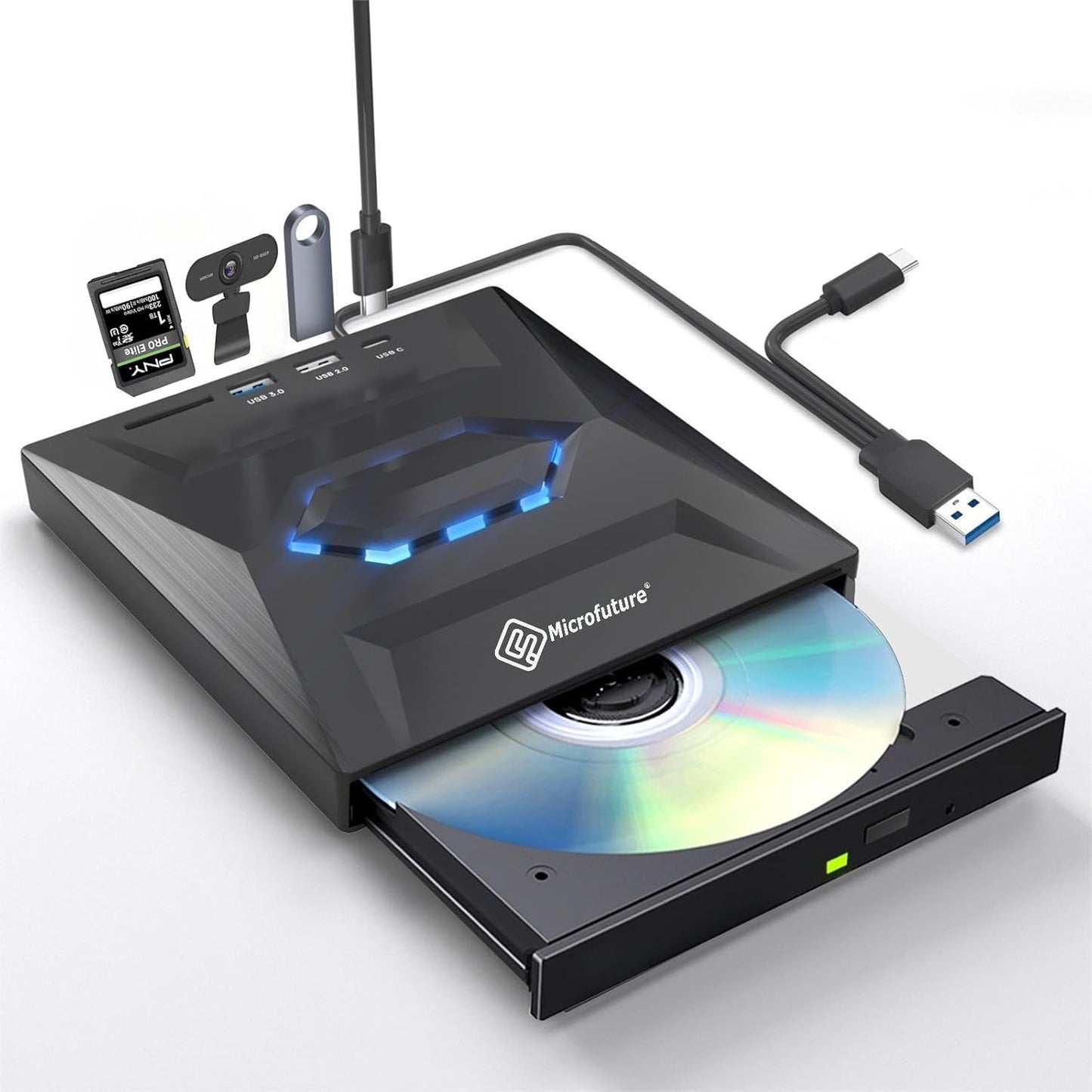Portable CD/DVD Drive with SD Reader & USB Hub