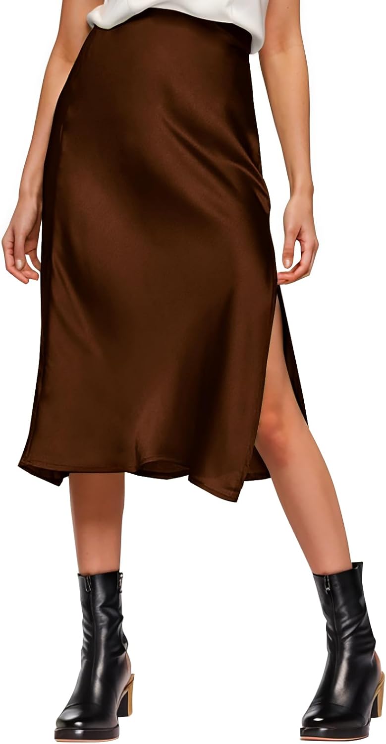 Womens Satin Silk High Waist Slit Midi Skirt by Amy Babe