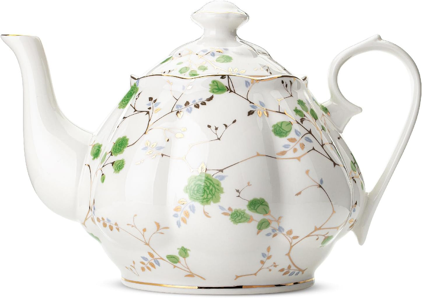 BTaT Floral Tea Pot with Green Roses & Gold Trim, 38 oz