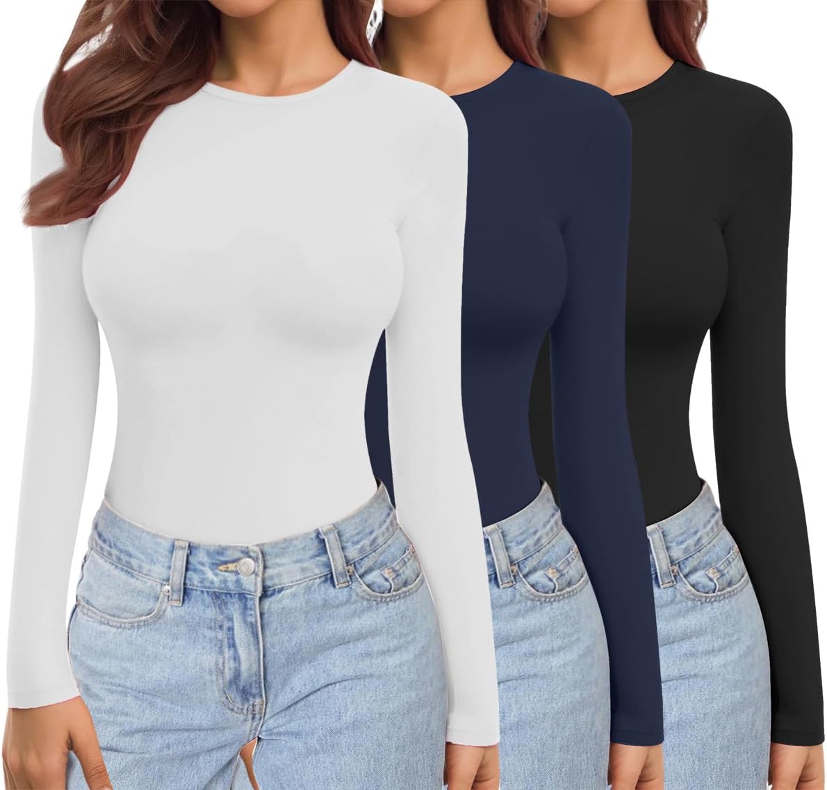 Ekouaer Womens Long Sleeve Shirts 3 Pack Trendy Basic Tops