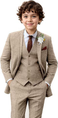Boys Tweed 3-Piece Herringbone Suit Set - Slim Fit Formal Vest Pants