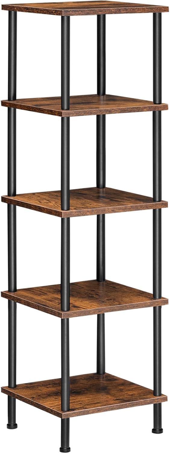 5-Tier Corner Shelf Stand for Small Spaces, Rustic Brown & Black