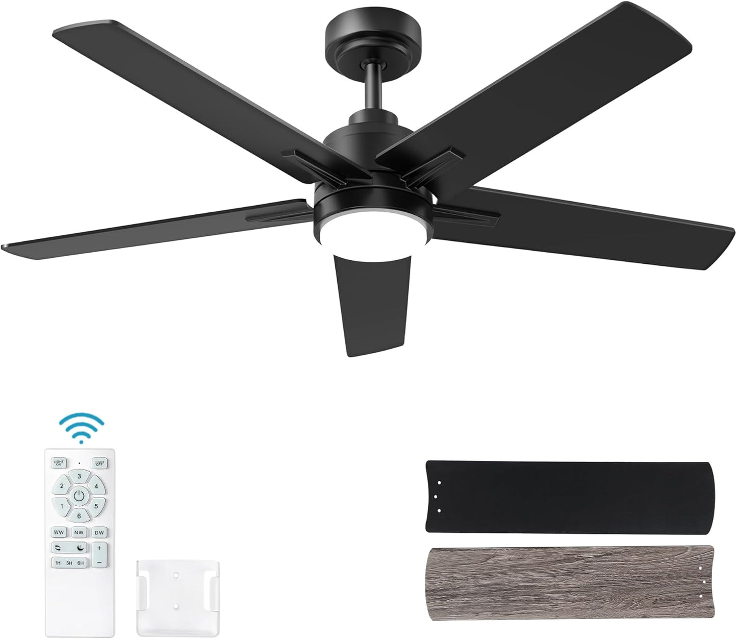 52 Inch Black Ceiling Fan with Light and Remote Control Features