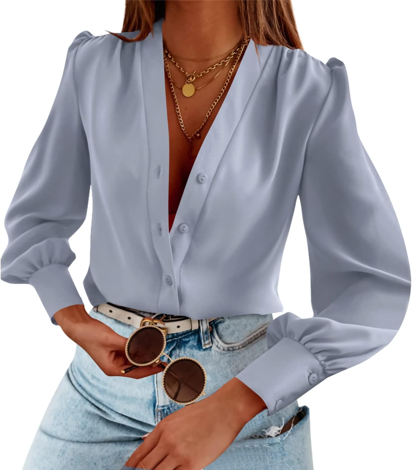 Women's Business Casual Tops Long Sleeve V Neck Chiffon Blouses
