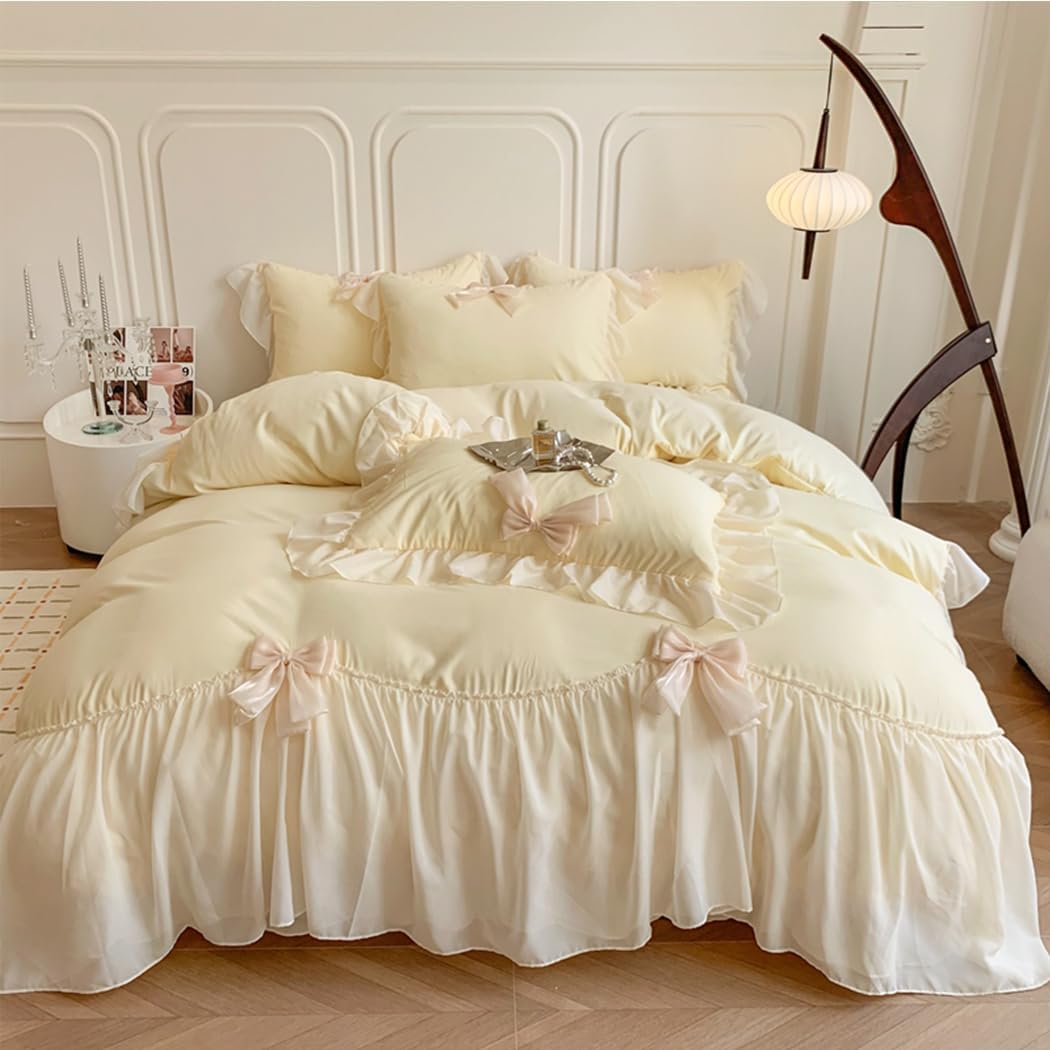 Lace Ruffled Bedding Bow Duvet Cover Set for Chic Bedrooms